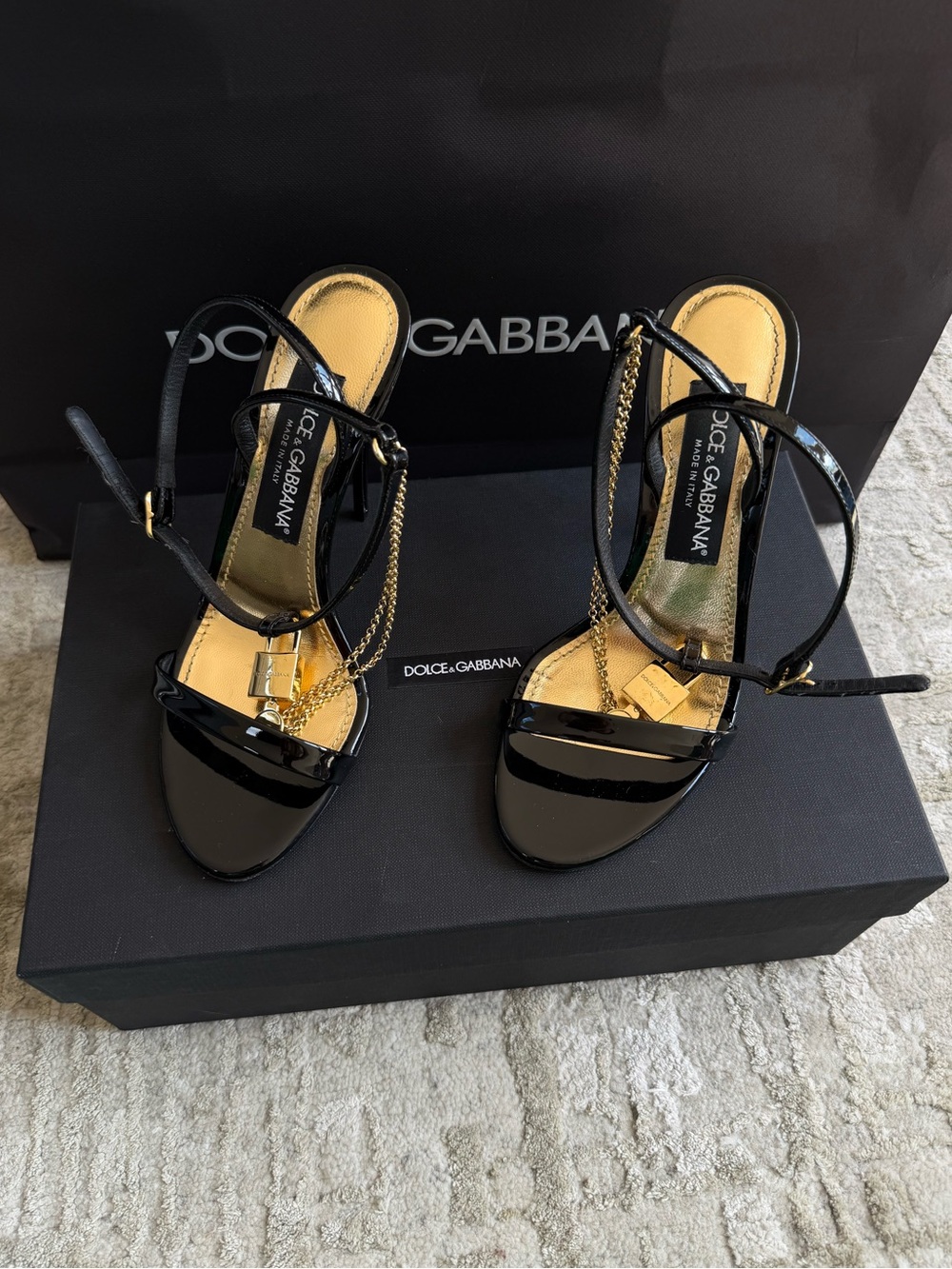 Dolce & Gabbana Black & Gold Padlock Heeled Sandals